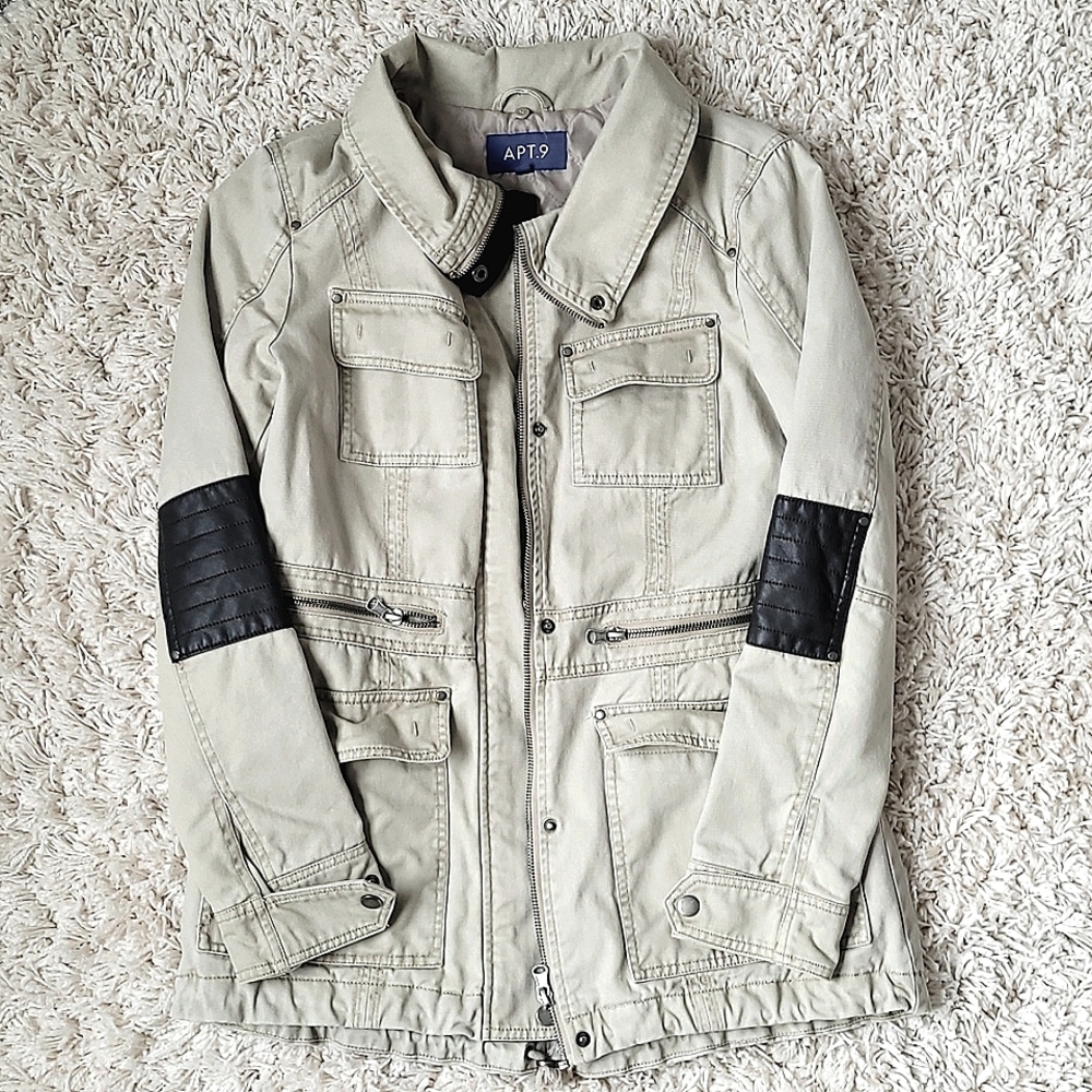 Apt.9 Utility Jacket Sz Small Cargo Pockets Faux Leather Elbows